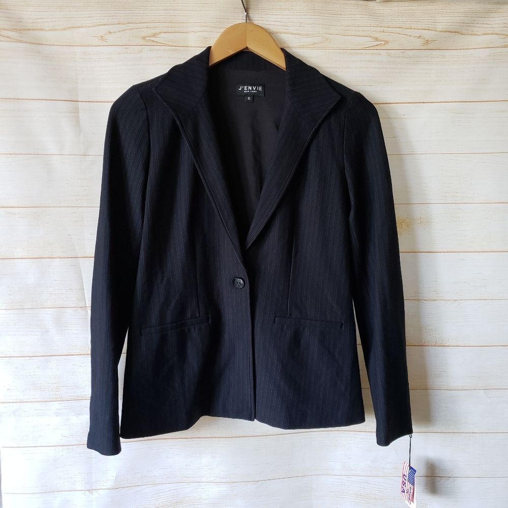 J'Envie Striped Jacket Blazer Black Blue Size 6 Made in USA Business Stretchy